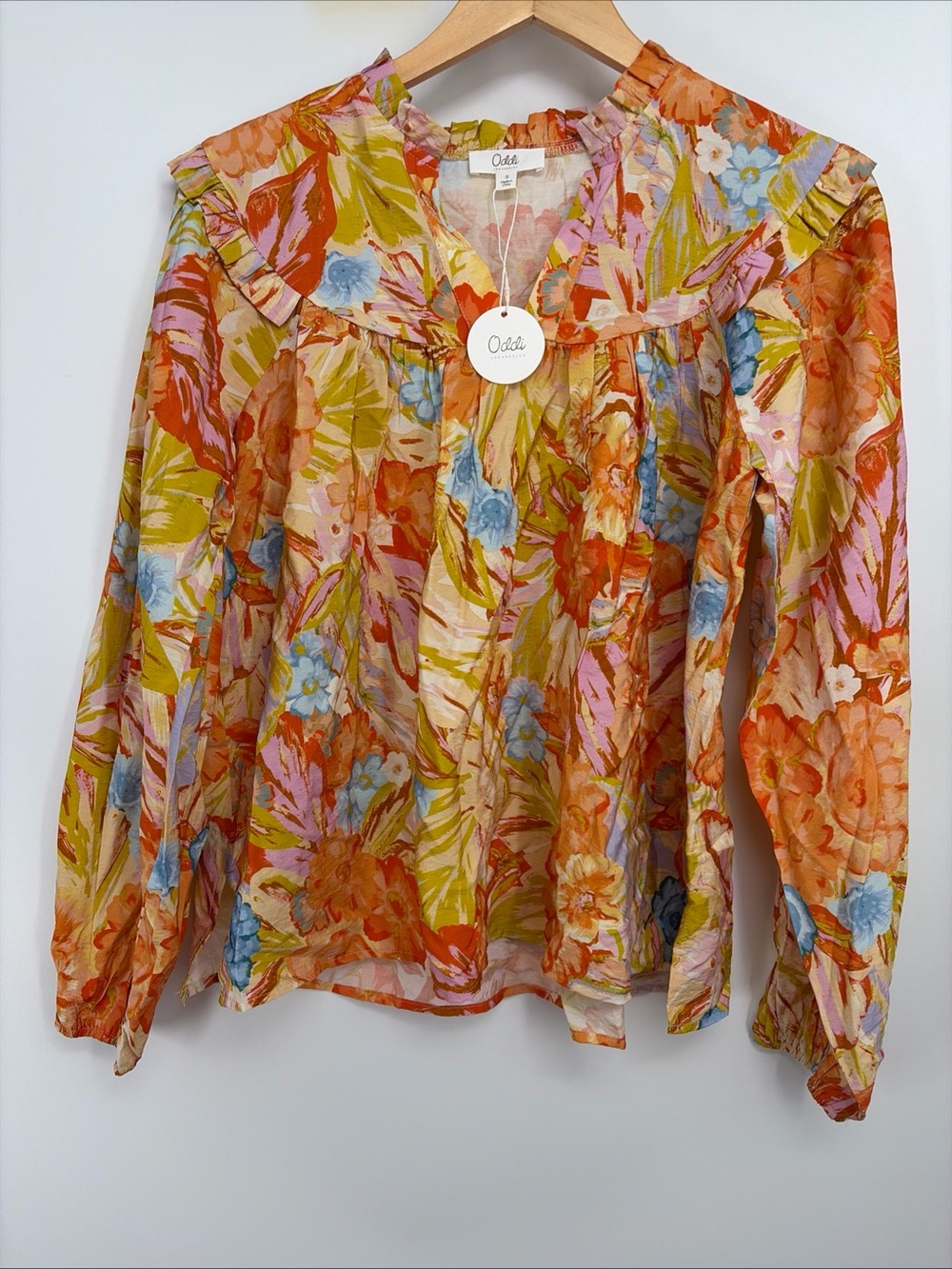 New ODDI Floral Ruffle Sleeve Blouse Sz Small RARE